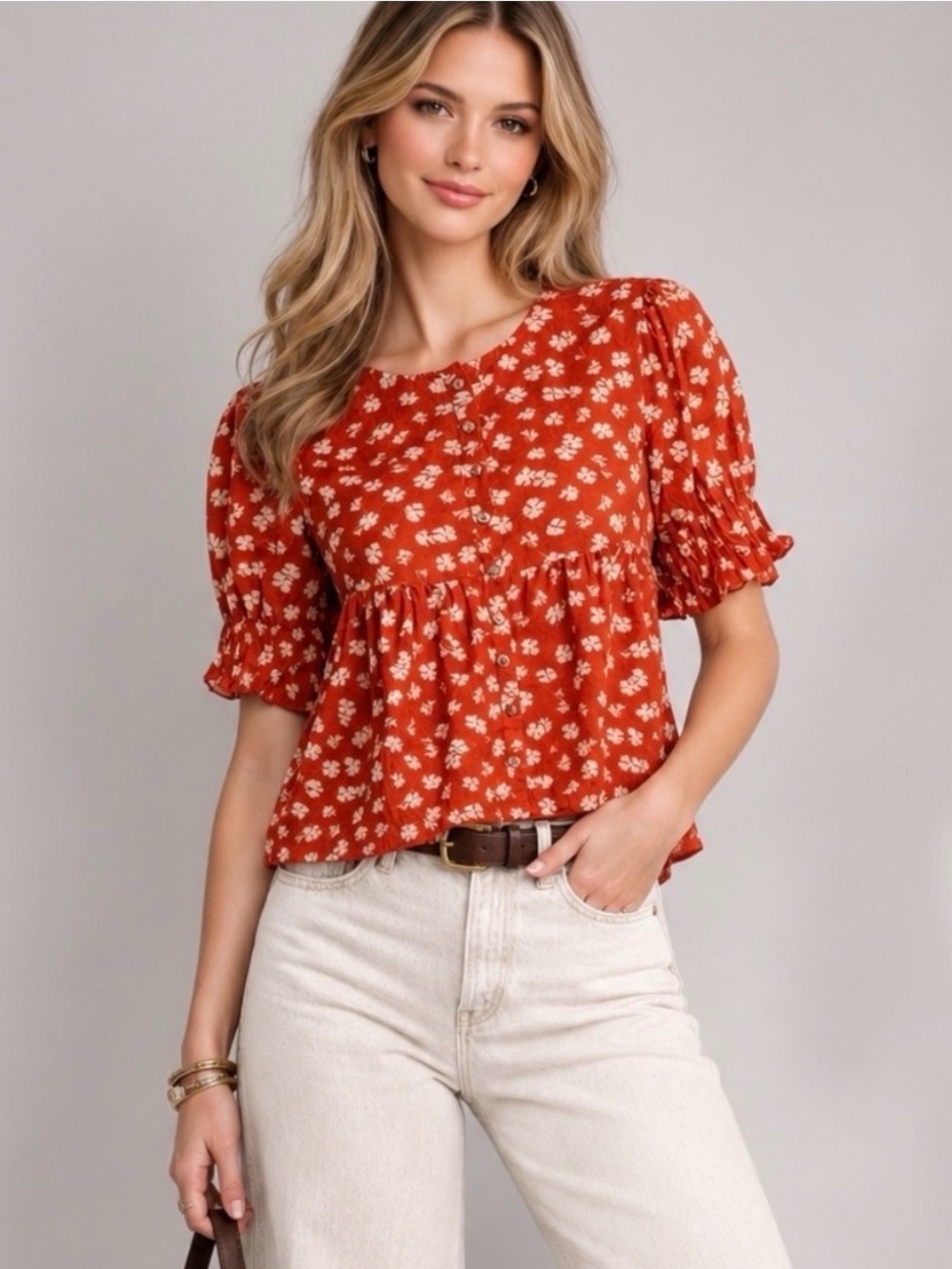 MADEWELL Red Floral Puff Sleeve Peplum Top XXL